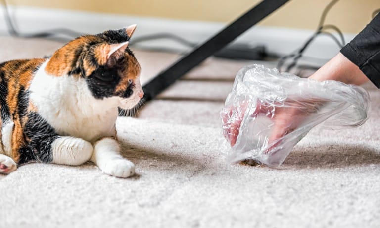 A calico cat looking at a person's hand as they pick up a brown substance from the carpet with a plastic bag from off-screen.
