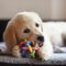 A golden retriever puppy lays on the couch with a colorful, silicone chew toy. The dog chews on the toy.