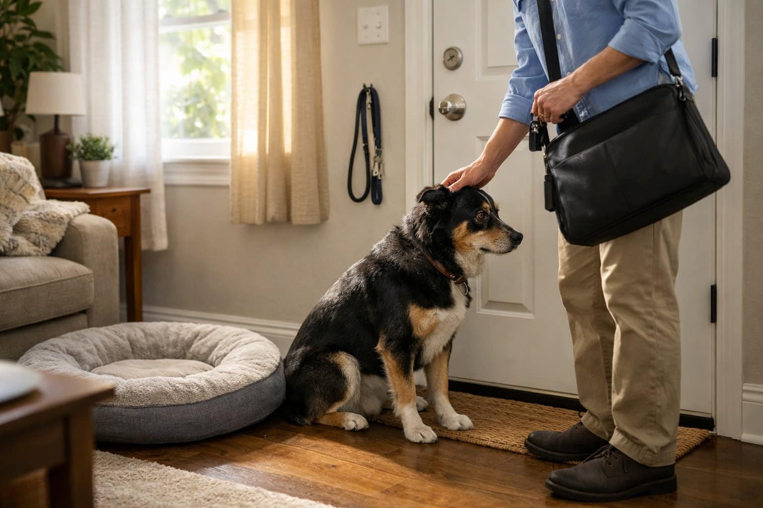 A dog sitting near the front door looking anxiously while a person prepares to leave the house.