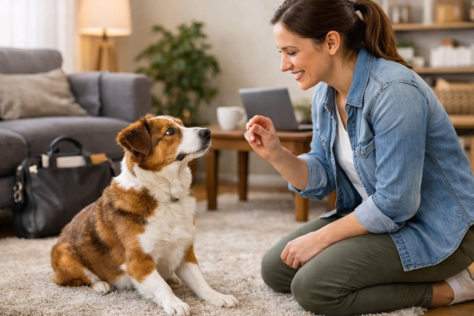 A dog calmly sitting on a rug while a trainer kneels nearby holding a treat in a cozy living room.