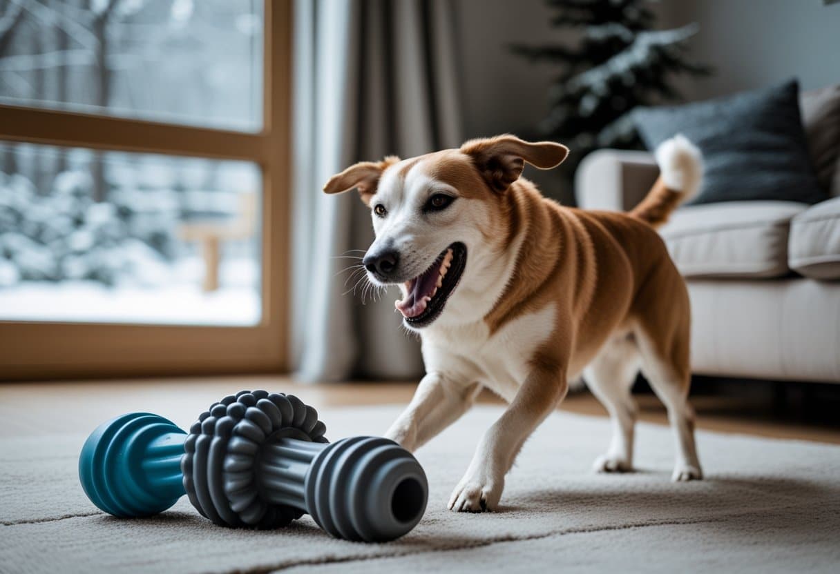 A dog playing indoors with a durable chew toy, with a snowy winter scene visible through a window.