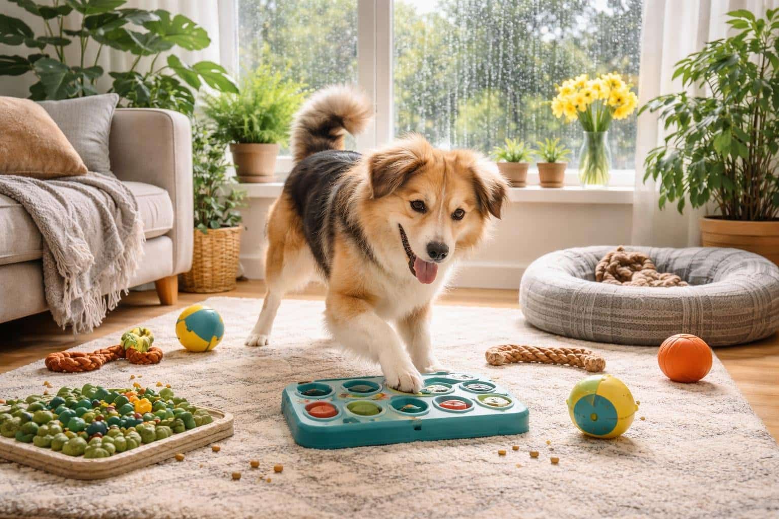 A dog playing with enrichment toys in a cozy indoor living room on a rainy day.