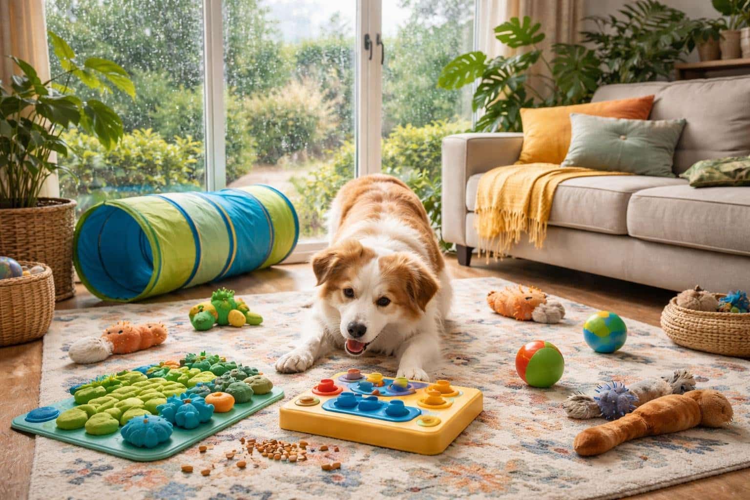 A happy dog playing with toys in a cozy indoor living room on a rainy day.